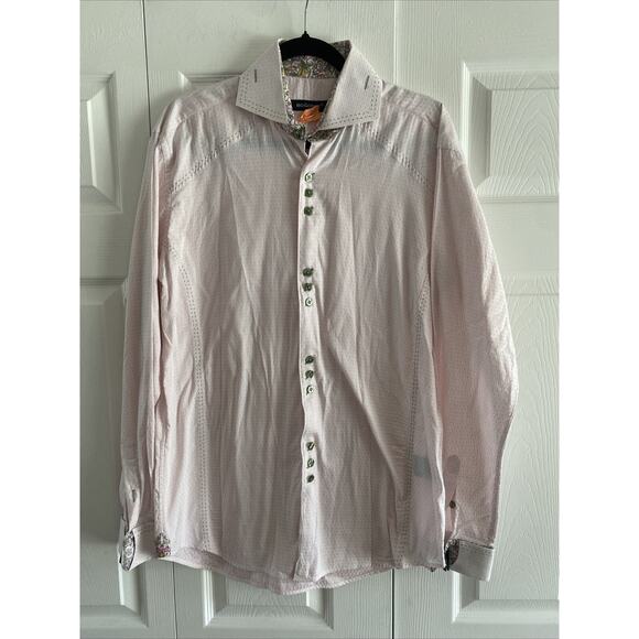 Bogosse Mens Shirt‎ Pink Swiss Dot Green Seam Medium - Picture 1 of 11